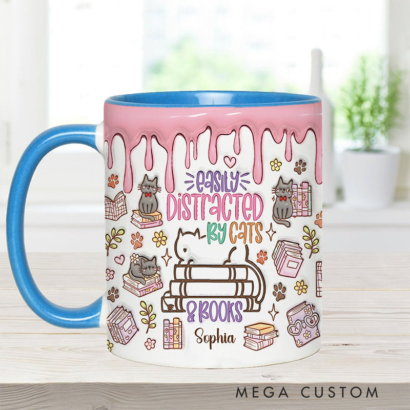 Personalized Easily Distracted By Cats and Books Mugs Custom Book Accent Mug with Name Fall Bookworm Coffee Mug for Reader Book Lover Librarian Gift