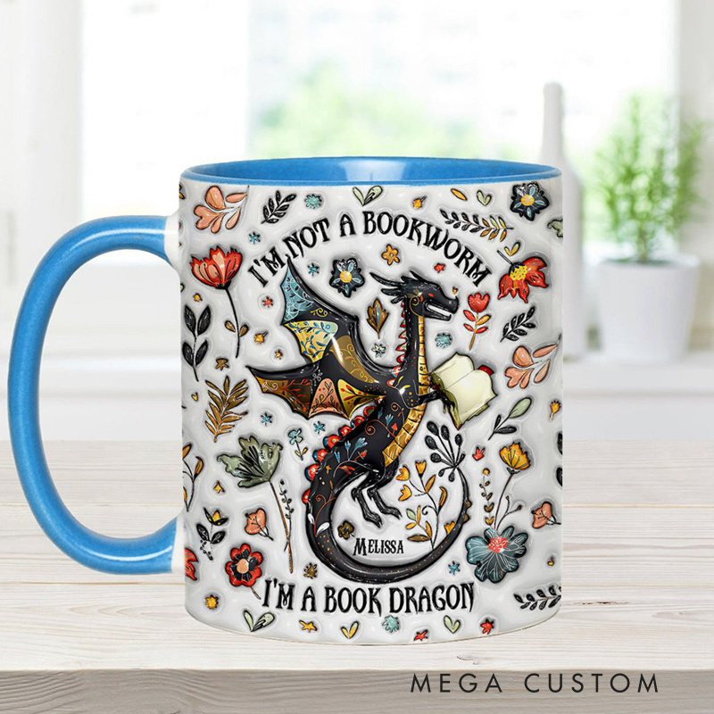 Personalized I'm Not a Book Worm I'm a Book Dragon Mugs Custom Book Accent Mug with Name Bookworm Coffee Cup for Reader Bookworm Book Lover Librarian Gift