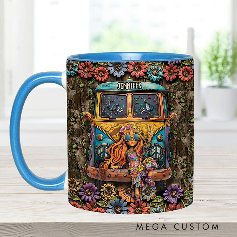 Personalized Hippie Accent Mug Hippie Lover Gifts for Girls Travel Cup Colorful Hippie Car Hippie Coffee Mug Bohemian Coffee Mug Peace Love Cup
