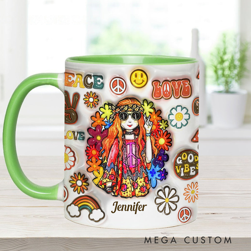 Personalized Name Hippie Accent Mug Hippie Girl Hippie Soul Peace Love Mug for Music Lover Gift