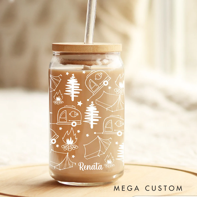 Personalized Camping Glass Tumbler Outdoor Campfire Cup with Lid & Straw Gift for Outdoor Campig Lover