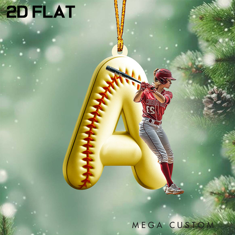 Personalized Softball Acrylic Christmas Ornament with Custom Initial and Name Design 