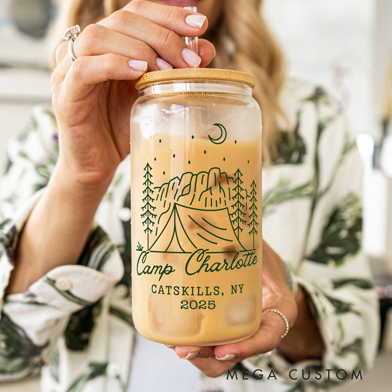 Personalized Camp Bachelorette Glass Tumblers Custom Camping Bachelorette Party Cup Outdoor Camping Coffee Cup Gift for Campig Lover