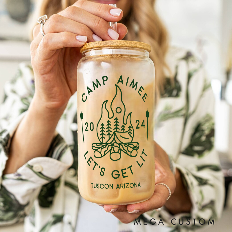 Personalized Camp Bachelorette Tumblers Outdoor Campfire Glass Tumbler Custom Camping Party Coffee Cup Gift for Campig Lover