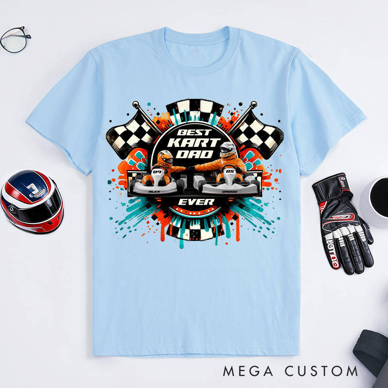 Personalized Kart Racing Dad and Kid T-Shirt Custom Names and Numbers Gift for Racing Families and Kart Lovers