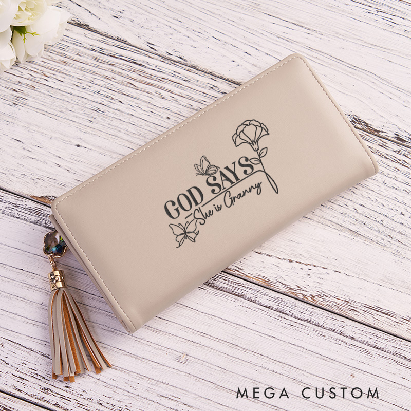 Personalized God Says she is Leather Wallet with Birth Flower Slim Wallet Clutch Purse Religious Gift Birthday Gift for Women 