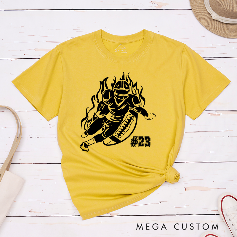 Personalized American Football Player T-Shirts Featuring Custom Number - Customizable Football Action Tee