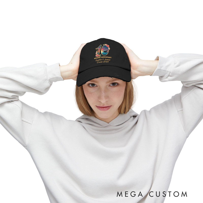 Personalized Couple Matching 10th Wedding Anniversary Hat Custom Names Cruise Vacation Trip Distressed Dad Hat Black Vintage Baseball Cap