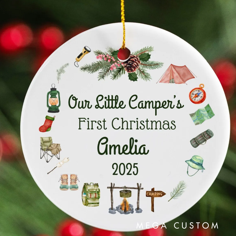Personalized First Christmas Ornament 2025 Custom Camping Theme Forest Christmas Ornament Holiday Gift
