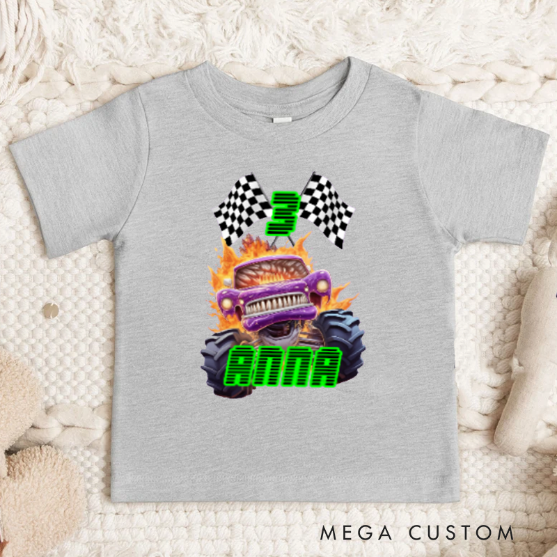 Personalized Big Wheel Off-Road Truck Multicolor Kid's Tshirt with Age and Name Birthday Christmas Gift for Kids