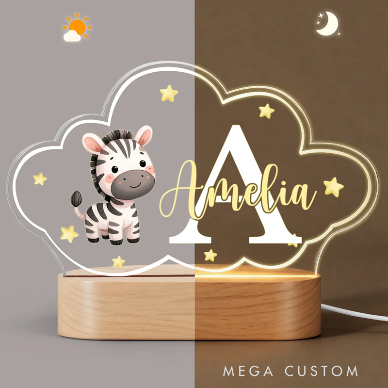Personalized Cute Animals Star Cloud Style Acrylic LED Night Light with Wooden Base and Name Birthday Anniversary Gift for Kid Newborn