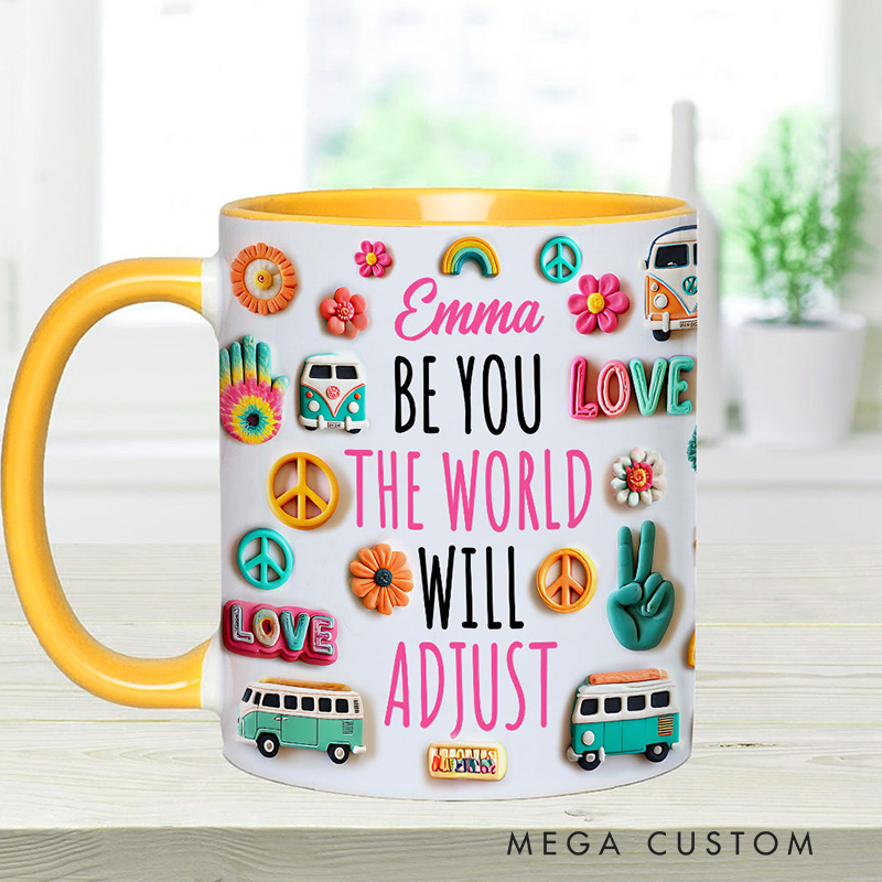 Personalized Name Hippie Accent Mug Be You the World Adjust Gift Hippie Lover Gifts Colorful Hippie Coffee Mug Bohemian Coffee Mug