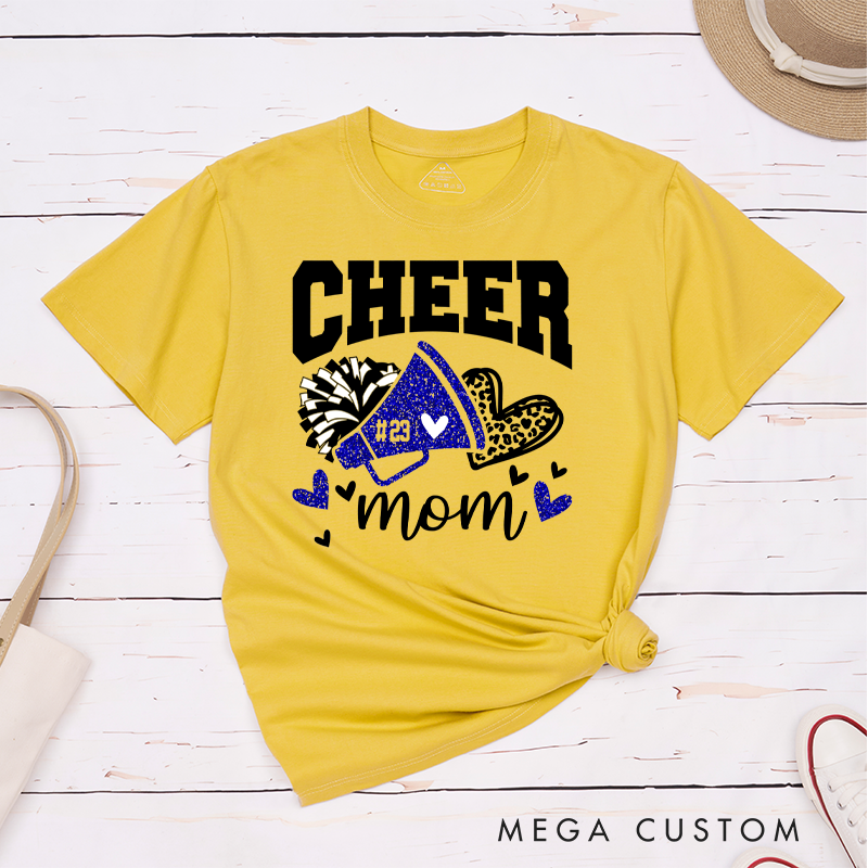 Personalized Cheer Mom T-Shirts Featuring Custom Name - Leopard Glitter Print Heart T-Shirt