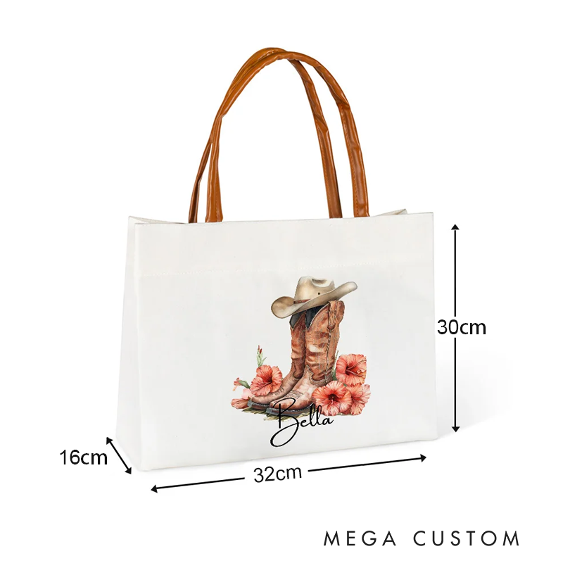 Personalized Birth Flower Western Cowgirl Boots Design Canvas Tote Bag with Name and Leather Handle Birthday Bridesmaid Gift for Women