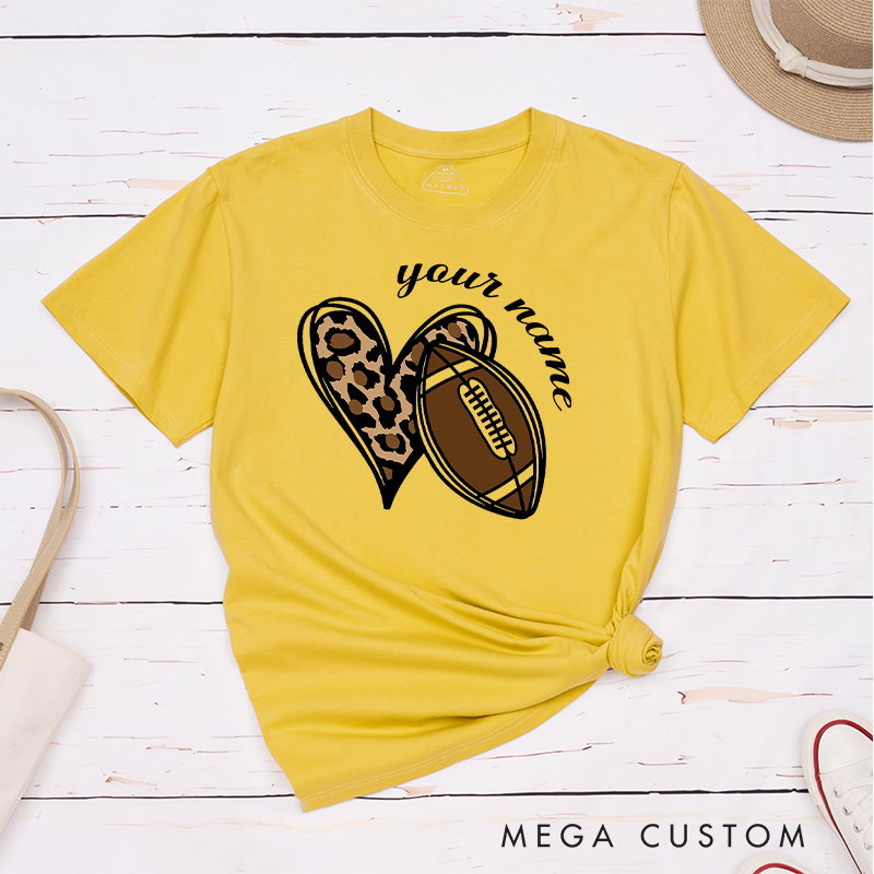 Personalized American Football and Rugby Leopard Love T-Shirts Featuring Custom Name