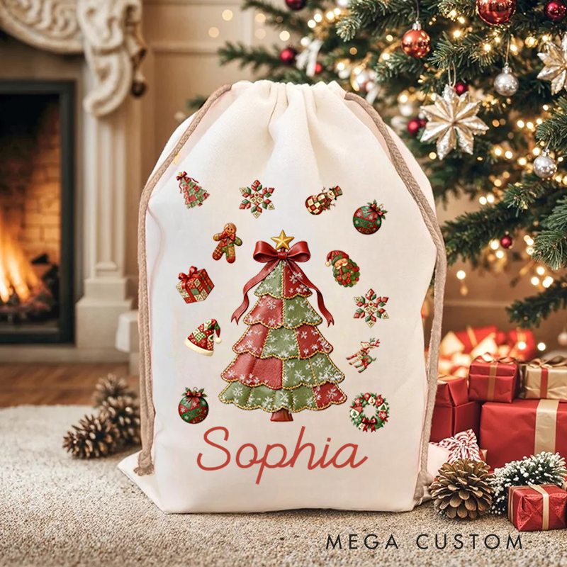 Personalized Christmas Tree Santa Claus Canvas Drawstring Gift Bag with Name Christmas Gift for Family Kids