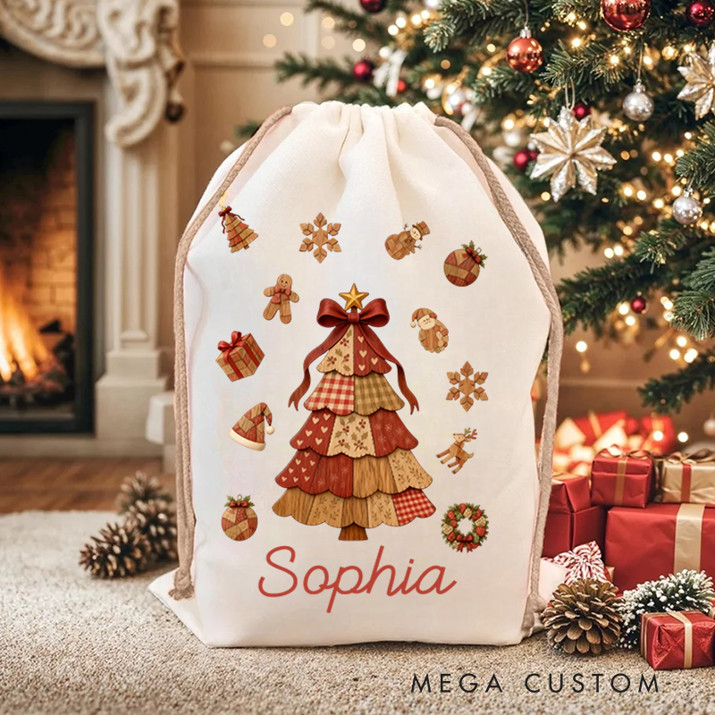 Personalized Wood Element Christmas Tree Santa Claus Canvas Drawstring Gift Bag with Name Christmas Gift for Family Kids