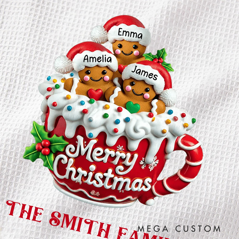 Personalized Gingerbread Men Cocoa Mug Waffle Kitchen Towel with Name and Surname Christmas Gift for Family Friends
