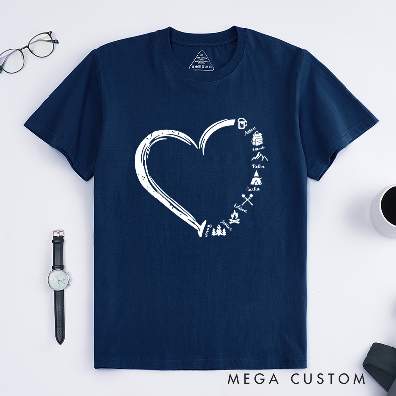  Personalized Cute Heart-shaped Camping Elements T-shirt with Name Gift for Camp Nature Lover
