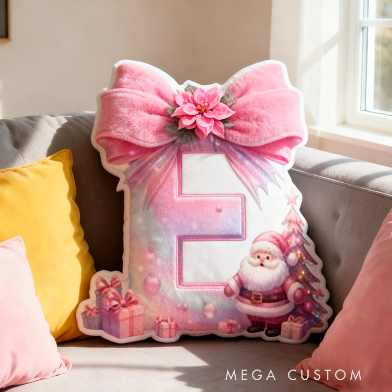 Personalized Cute Pink Santa Claus Initial Pillow Christmas Gift for Kids