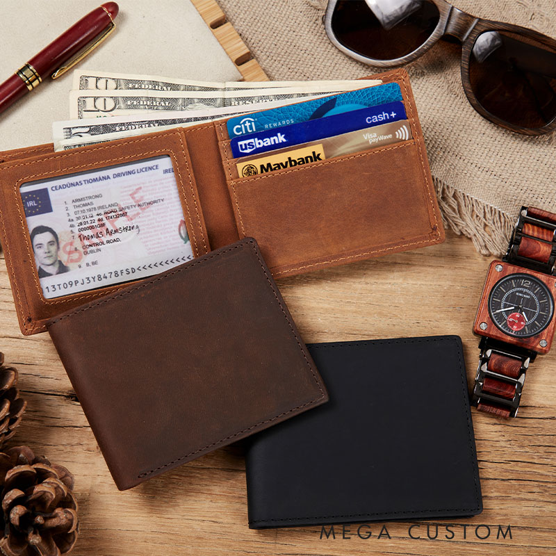Personalized Crazy Horse Leather Wallet with Customized Latitude and Longitude for traveling lovers