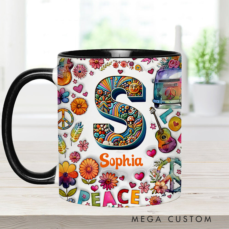 Personalized Hippie Soul Personalized name and Initial Letter mug Hippie Accent Mug for Holiday Decor Family Gifts and Party Favors