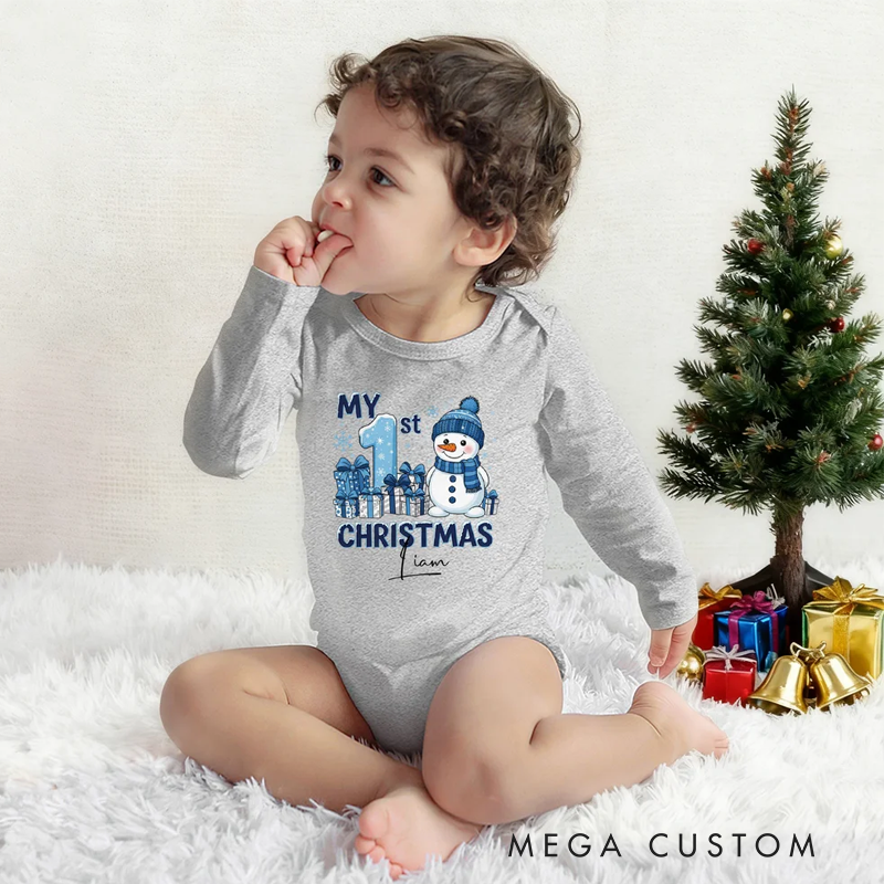Personalized 1st Christmas Snowman 100% Cotton Baby Bodysuit with Name Christmas Gift for Baby New Parents