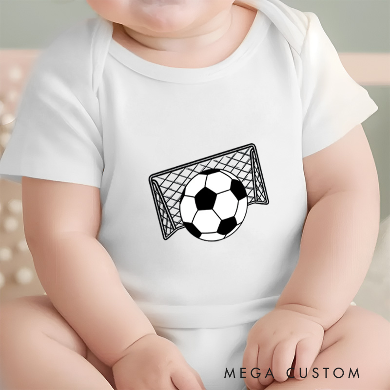 Personalized Soccer Baby Onesie With  Name And Number Editable Bodysuit Goal Net Front Design Baby Team Jersey Football Gift for Little Fans