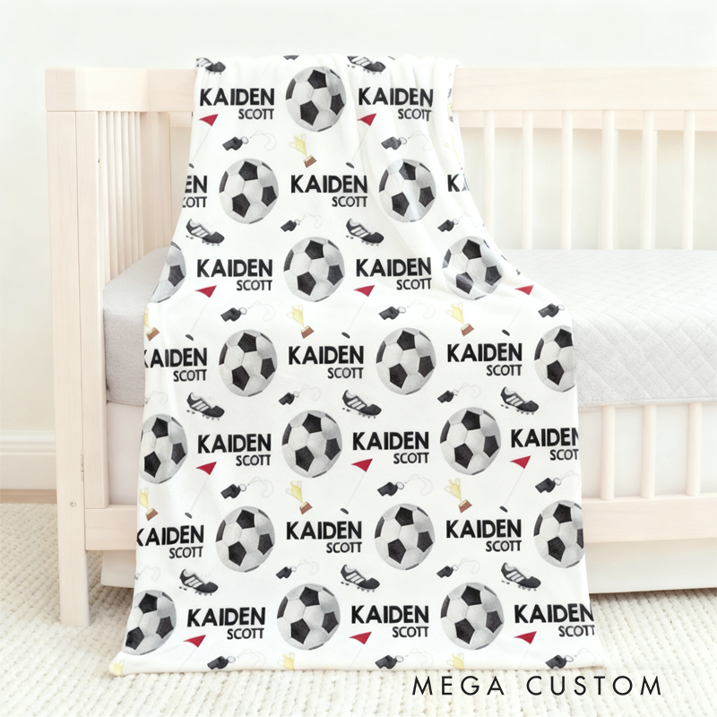 Personalized Soccer Baby Blanket Set Name Soft Fleece Sport Design Perfect Baby Shower Gift
