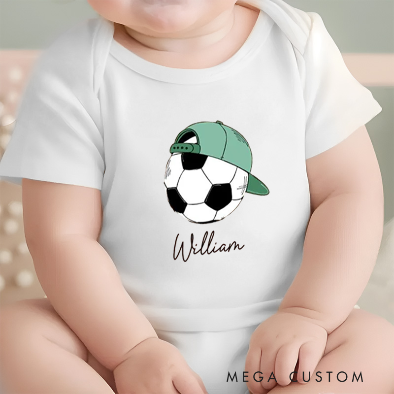 Personalized Soccer Baby Onesie with Baseball Cap and Ball Graphic, made from Soft Cotton Fabric with Editable Name