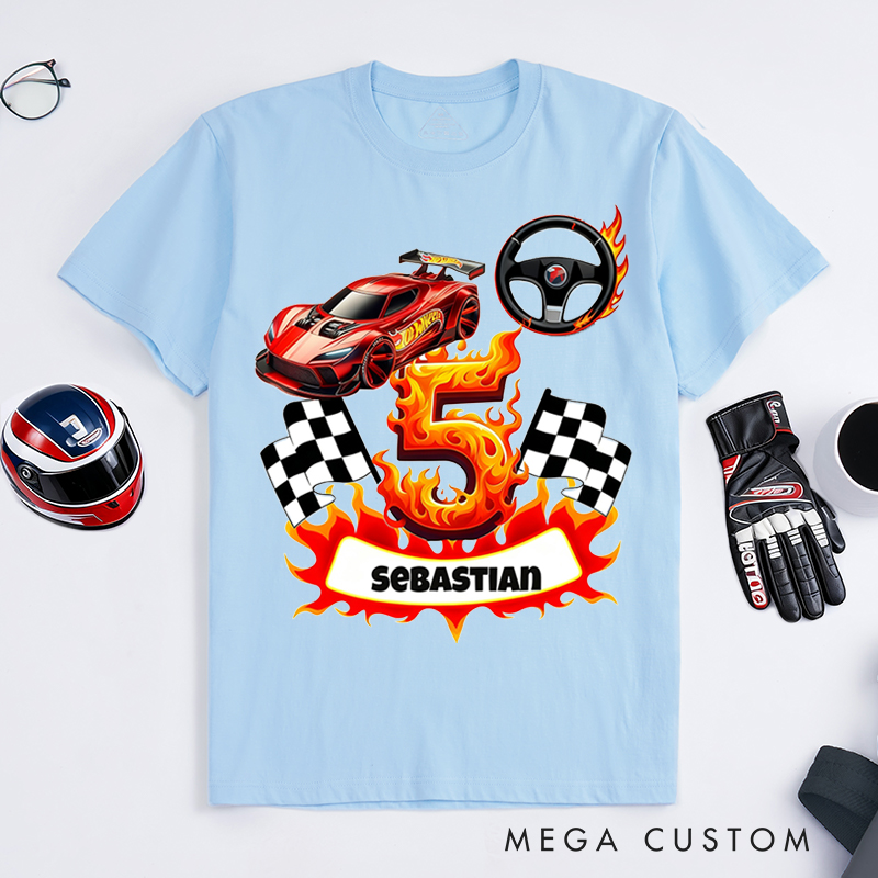 Personalized Racing T-Shirt Custom Name and Number Flame Car Checkered Flag Design for Racers and Racing Lovers