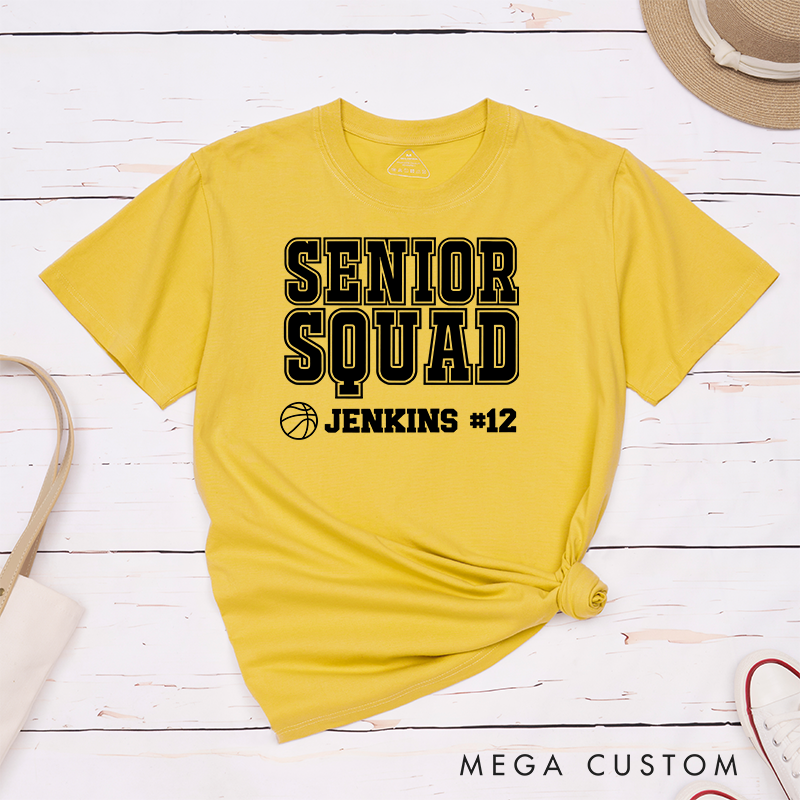 Personalized Senior Squad T-Shirt with Basketball Theme, Name and Number Customization