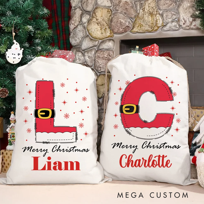 Personalized Snowflake Santa Claus Initial Drawstring Christmas Gift Bag with Name Merry Christmas Gift for Kids Family