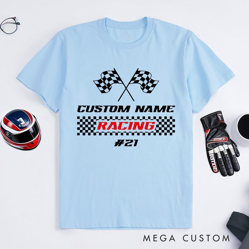 Personalized Racing T-Shirt Custom Name and Number Race Team Tee Gift for Racers and Racing Lovers