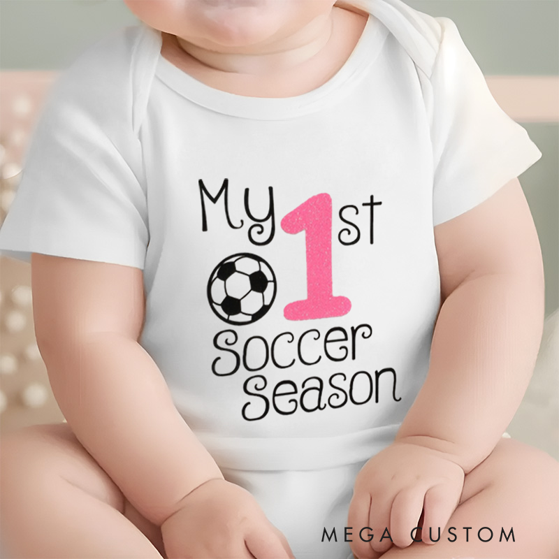 Personalized Baby Onesie with Soccer Ball and Number Motif Design Symbolizing Growth and Special First Milestones