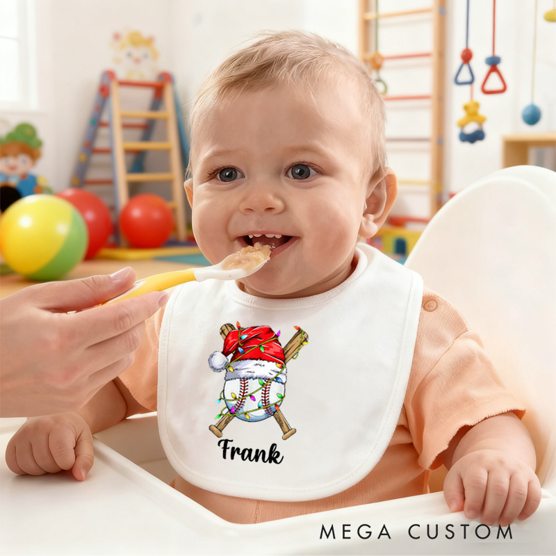 Personalized Christmas Hat Sports Ball Baby Bib Baby Bib with Name Feeding Accessory Baby Shower Welcome Christmas Gift for Baby Kid