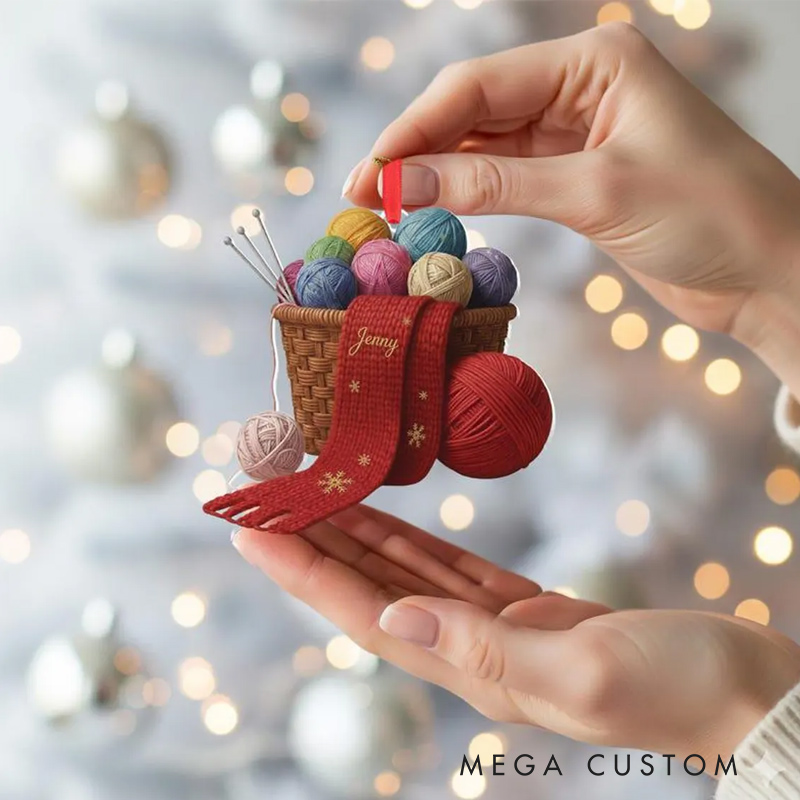 Personalized Yarn Basket Ornament with Custom Scarf Christmas Ornament Gift for Knitting Lovers