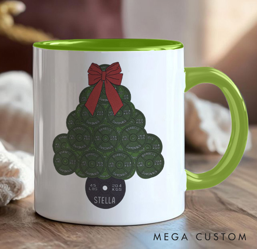 Personalized45lb Plate Christmas Tree Mug with Lifter Christmas Mug Gift Motivational Coffee Cup for Fitness Enthusiasts Bodybuilders and Gym Lovers