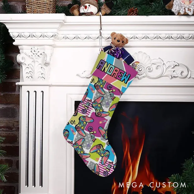 Personalized Custom Gamer Christmas Stocking for Teen Kid Gaming 2 Side Christmas Stocking Video Game Lover Gift Gaming Controller Xmas Gift for Game Lover