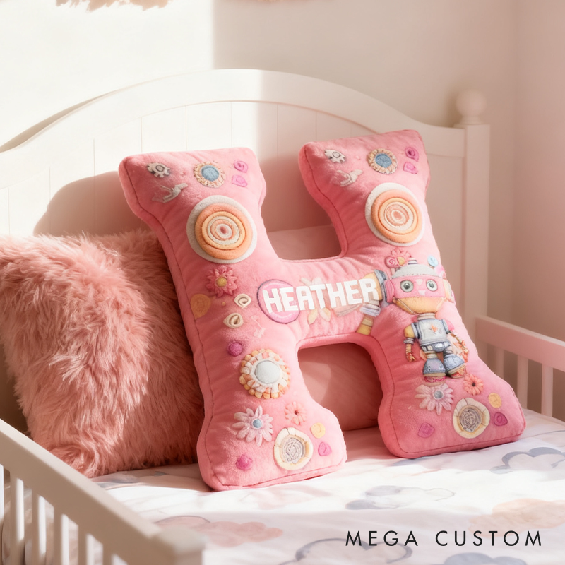 Personalized Watercolor Robot Alphabet Pillow Customized Fun kid Pillows 