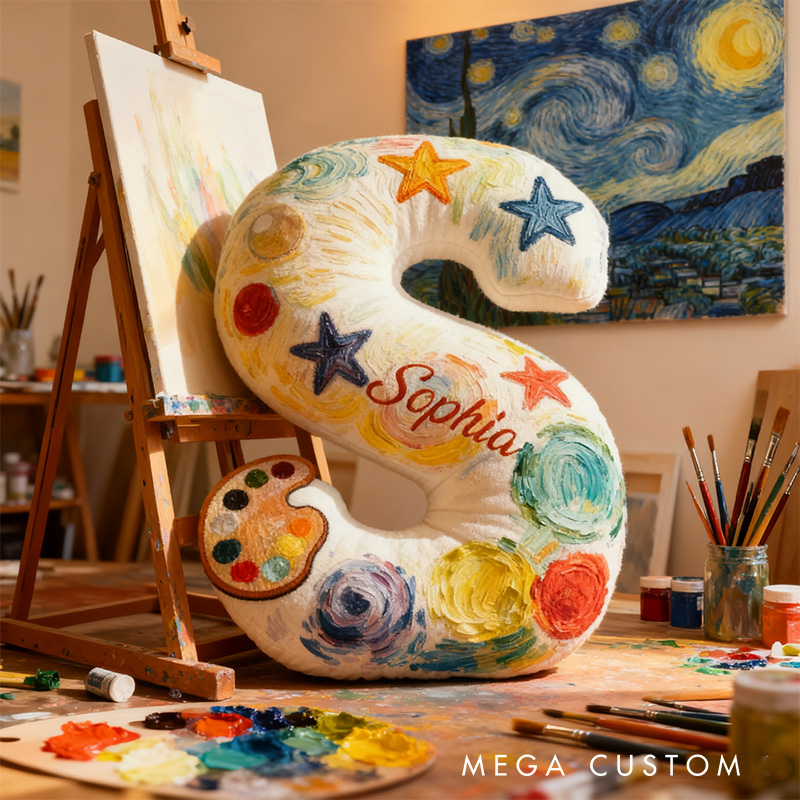 Personalized Graphic 3D Print Van Gogh Inspired Moonlight Night Alphabet Shaped Pillow for Art Lovers Initial Pillow Christmas Gift for Kids