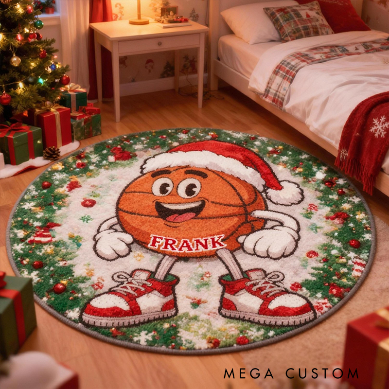Personalized Christmas Basketball Rug with Custom Name and Festive Design