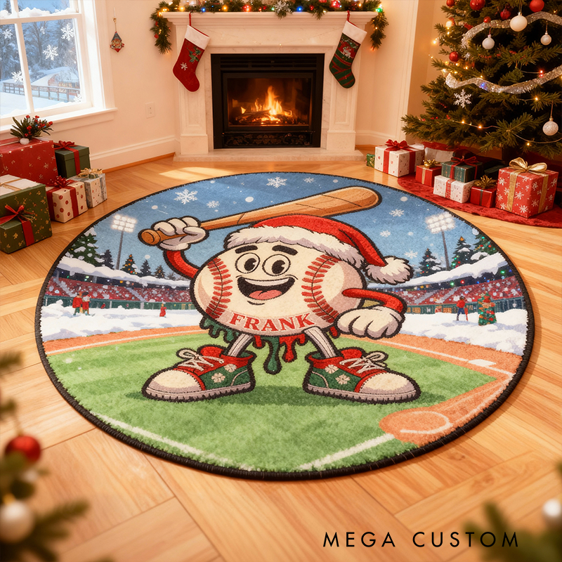 Personalized Christmas Baseball Rug with Custom Name and Festive Design