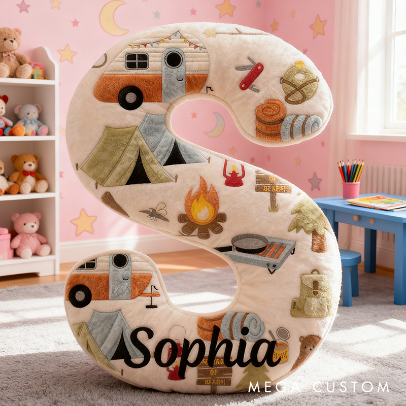 Personalized Cute Camping Kid Letter Shaped Pillow Adventurous Camping Lover Kid Pillow Gifts for Kid Camping