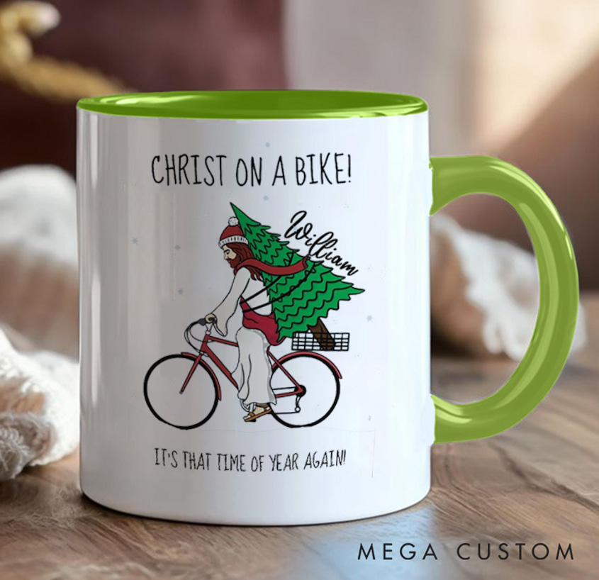 Personalized Christ on A Bike Coffee Mug Funny Bicycle Gift Lover Christmas Bicycles Mug Cyclist Gift Mountain Biker Gift Cycling Bike Gift Bicyclist Mug Colour Options Available