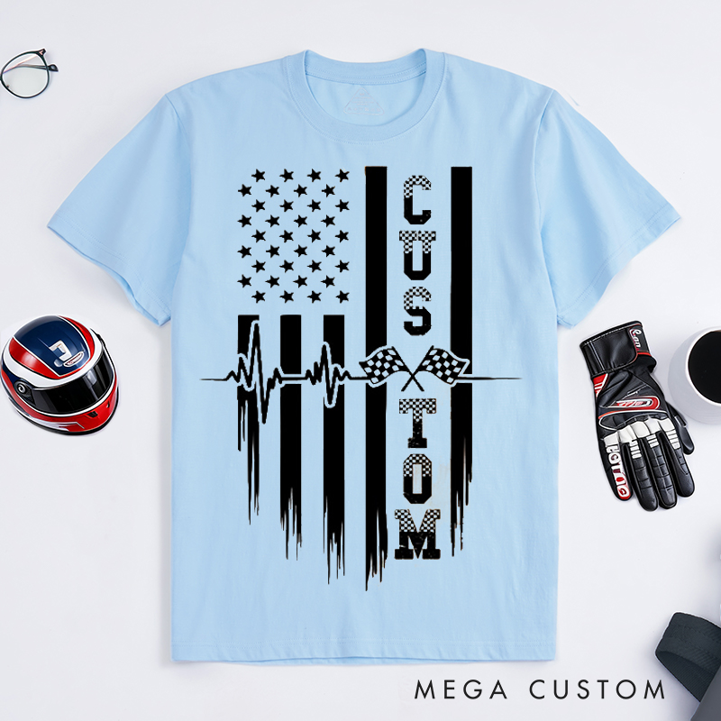 Personalized Racing T Shirt Custom Text Heartbeat Checkered Flag American Flag Tee for Racing and Car Lovers