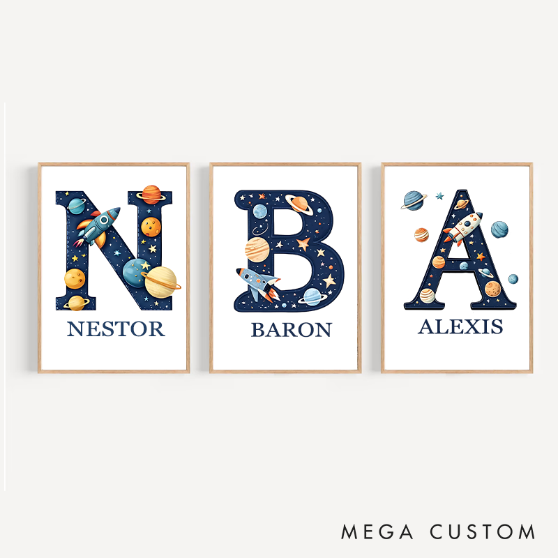 Personalised Watercolor Space Alphabet Poster Wall Art Space Poster Alphabet Children's Room Decorations Gift for Kid Space Enthusiasts Poster