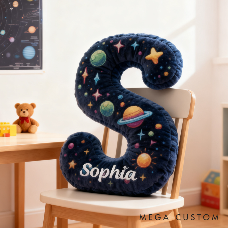 Personalized Neon Space Alphabet Pillow Galaxy Letters Pillow Galaxy Astronaut Rocket Planet Pillow Gifts for Kid Science Fiction Fans