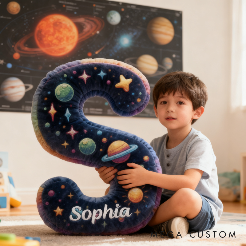 Personalized Neon Space Alphabet Pillow Galaxy Letters Pillow Galaxy Astronaut Rocket Planet Pillow Gifts for Kid Science Fiction Fans