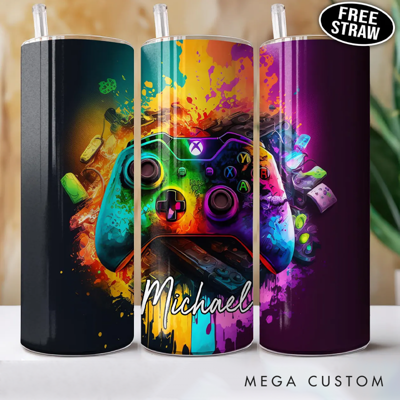 Personalized Gaming Tumbler Cup Custom Gamer Tumbler for Gamers Neon Gamer Cup Mug Gaming Gifts for Him Her Boys Boyfriend Kids